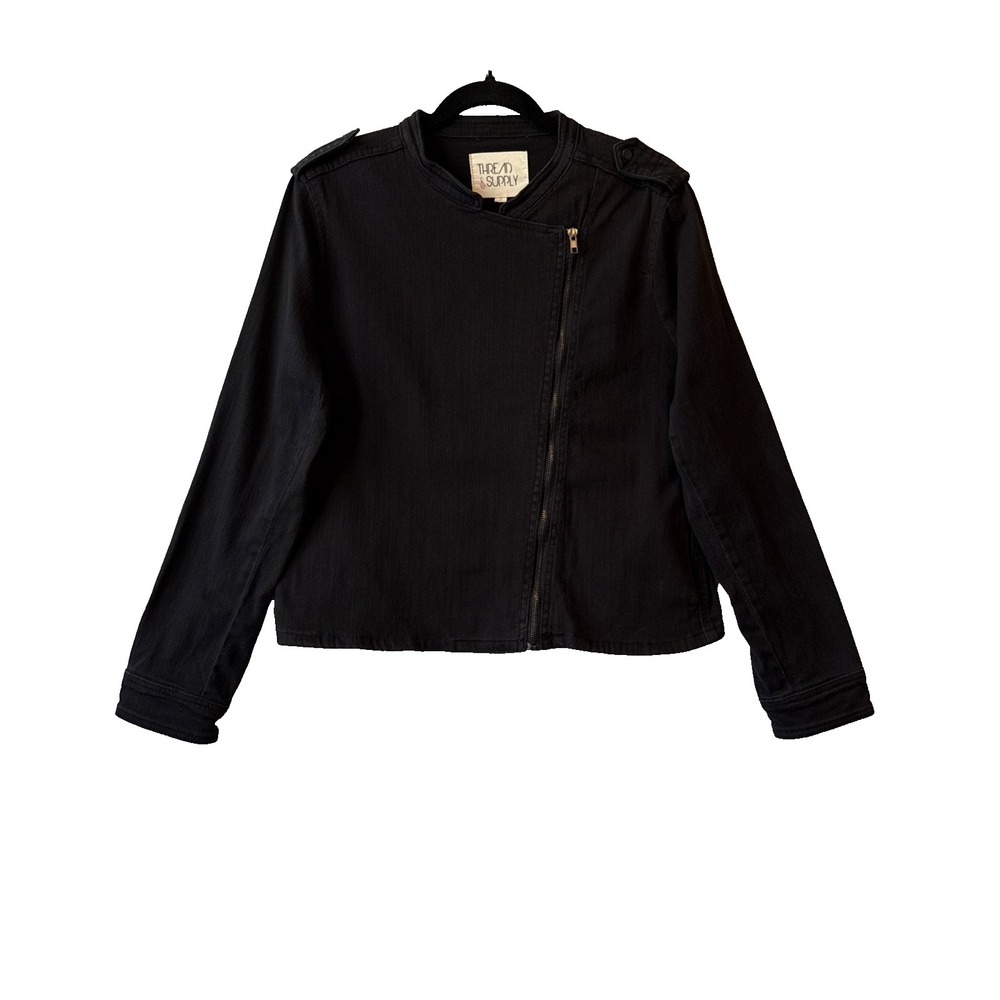 Thread & Supply Black Denim Stretch Asymmetrical Moto Jacket Women's L‎ Military